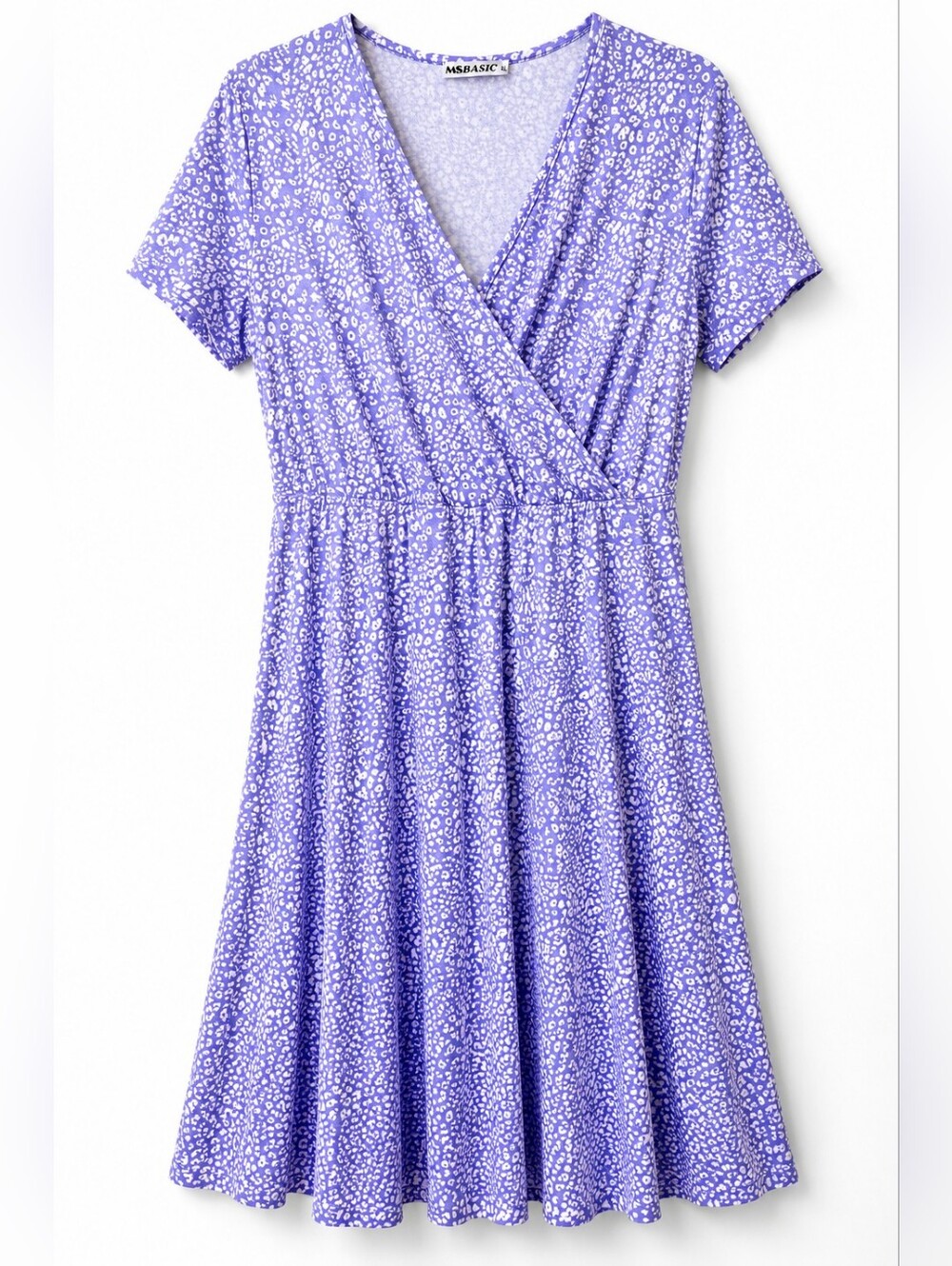 MSBASIC Lavender Floral Faux Wrap Dress Large Soft Stretch Midi Dress